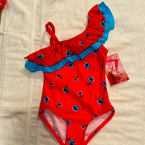 *NWT LAST ONE!!! Girls red blue flower one shoulder ruffle bathing suit… - Picture 1 of 3